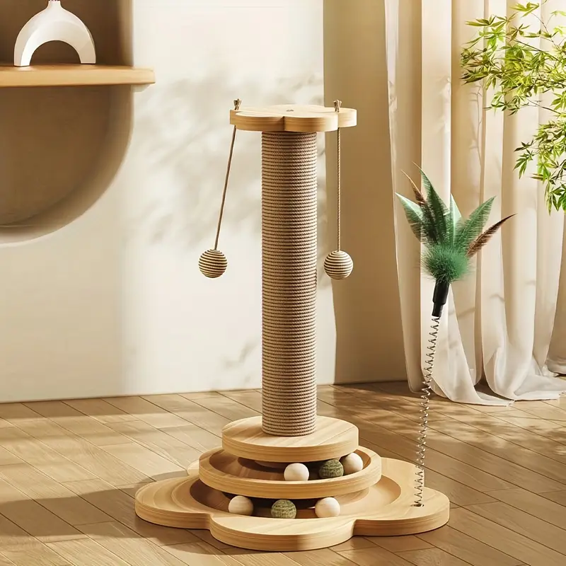 Tour Griffoir Interactif en Jute – Planche à Billes & Jouets Suspendus (Sans Batterie)