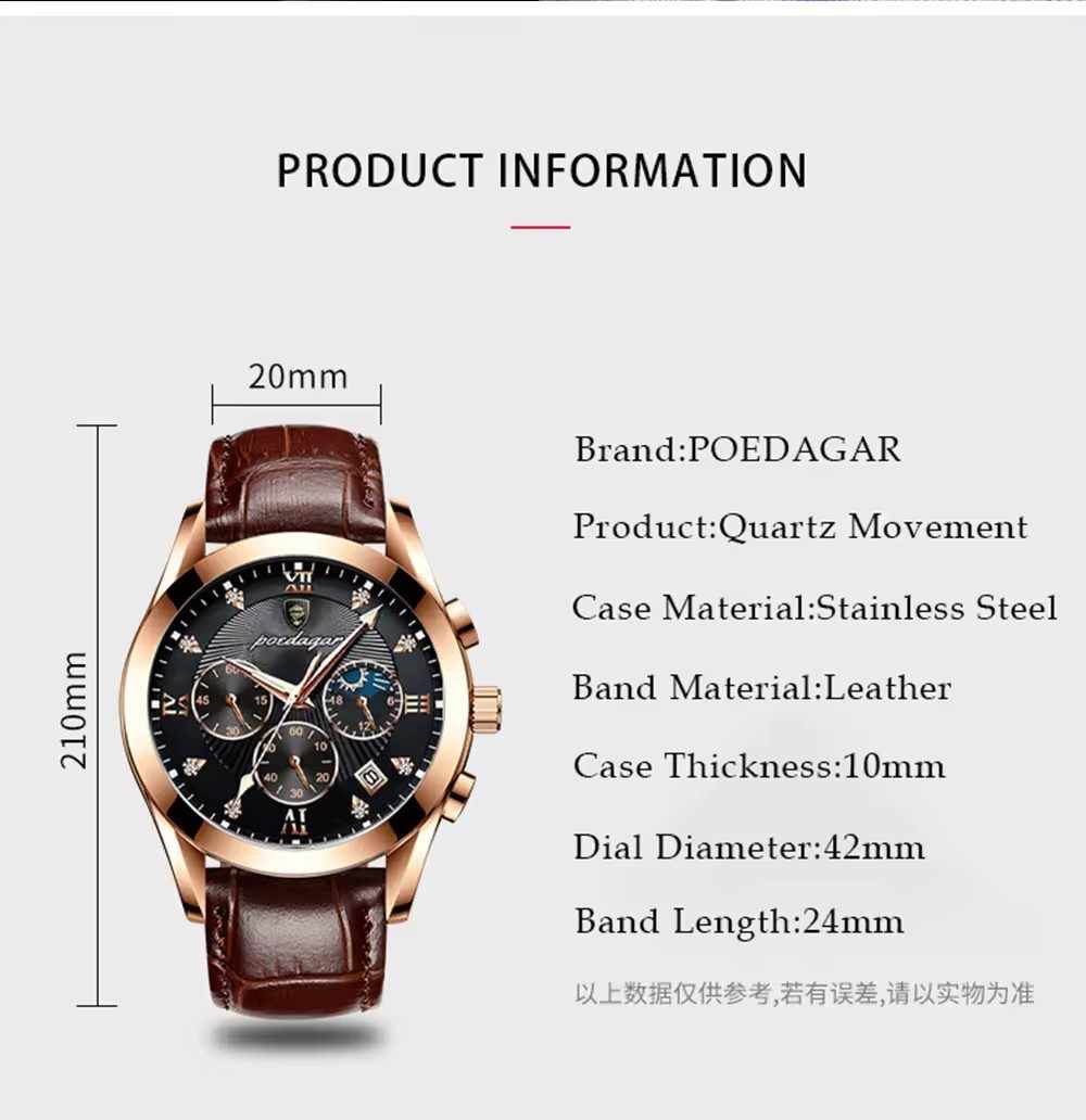 POEDAGAR 820 Men's Luxury Watch - Top Brand Fashion Quartz Wristwatch with Genuine Leather Strap, Stainless Steel Case, Waterproof Luminous Dial