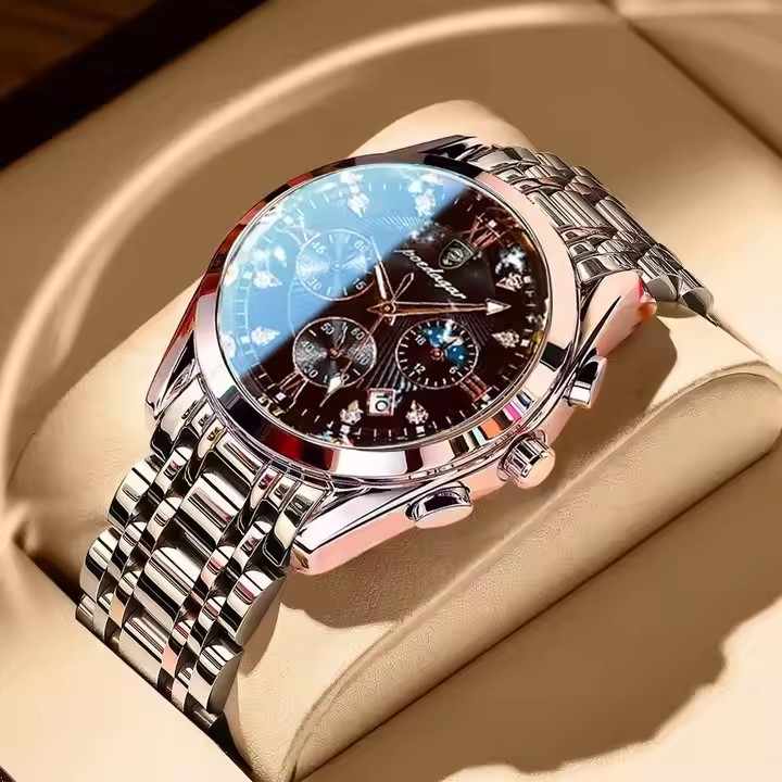 POEDAGAR 820 Men's Luxury Watch - Top Brand Fashion Quartz Wristwatch with Genuine Leather Strap, Stainless Steel Case, Waterproof Luminous Dial