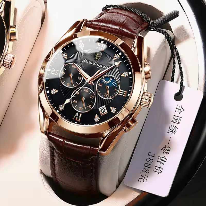 POEDAGAR 820 Men's Luxury Watch - Top Brand Fashion Quartz Wristwatch with Genuine Leather Strap, Stainless Steel Case, Waterproof Luminous Dial