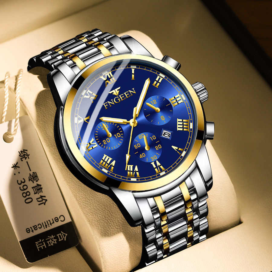 Fngeen 4006 Luxury Men's Quartz Watch - Waterproof Stainless Steel Wristwatch with Date Display