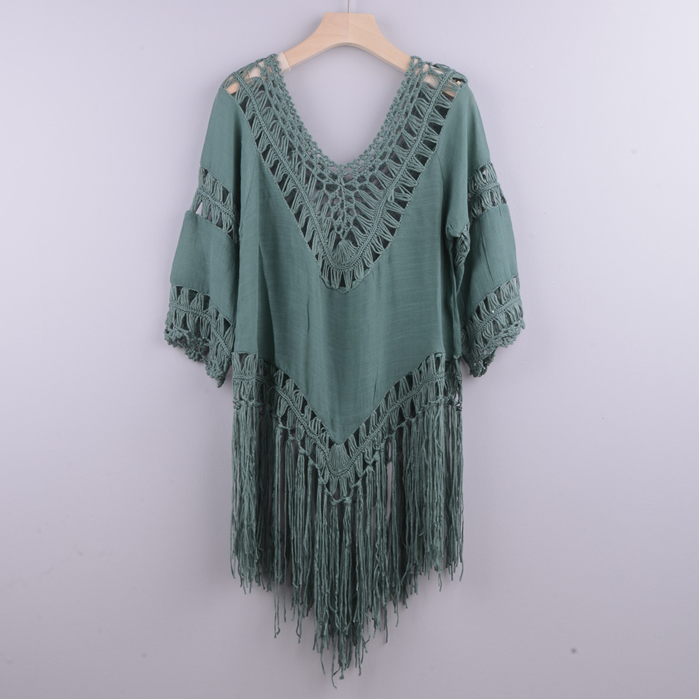 Women's Bohemian Crochet Beach Blouse - Handmade Patchwork Hollow Cover-Up with Fringe