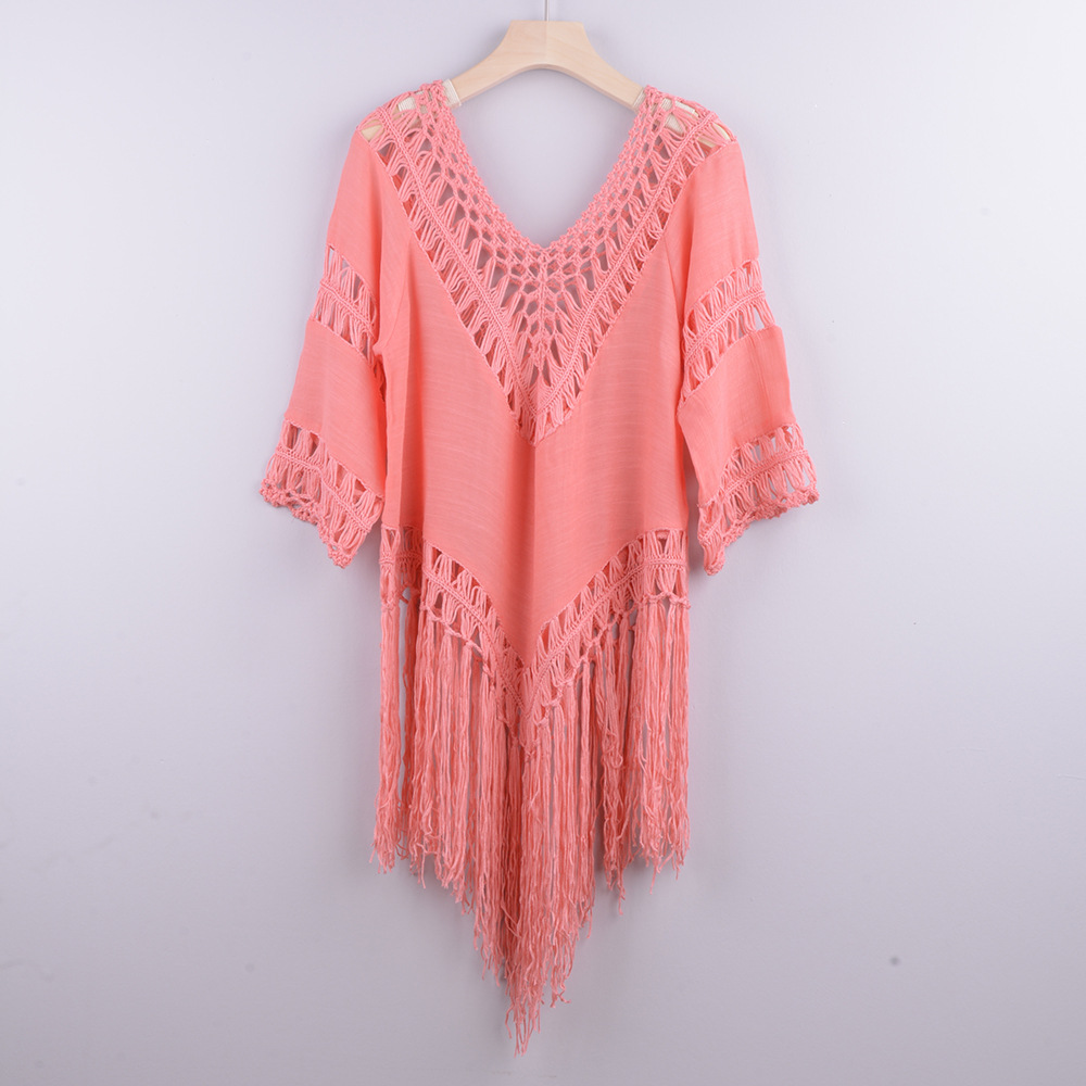 Women's Bohemian Crochet Beach Blouse - Handmade Patchwork Hollow Cover-Up with Fringe