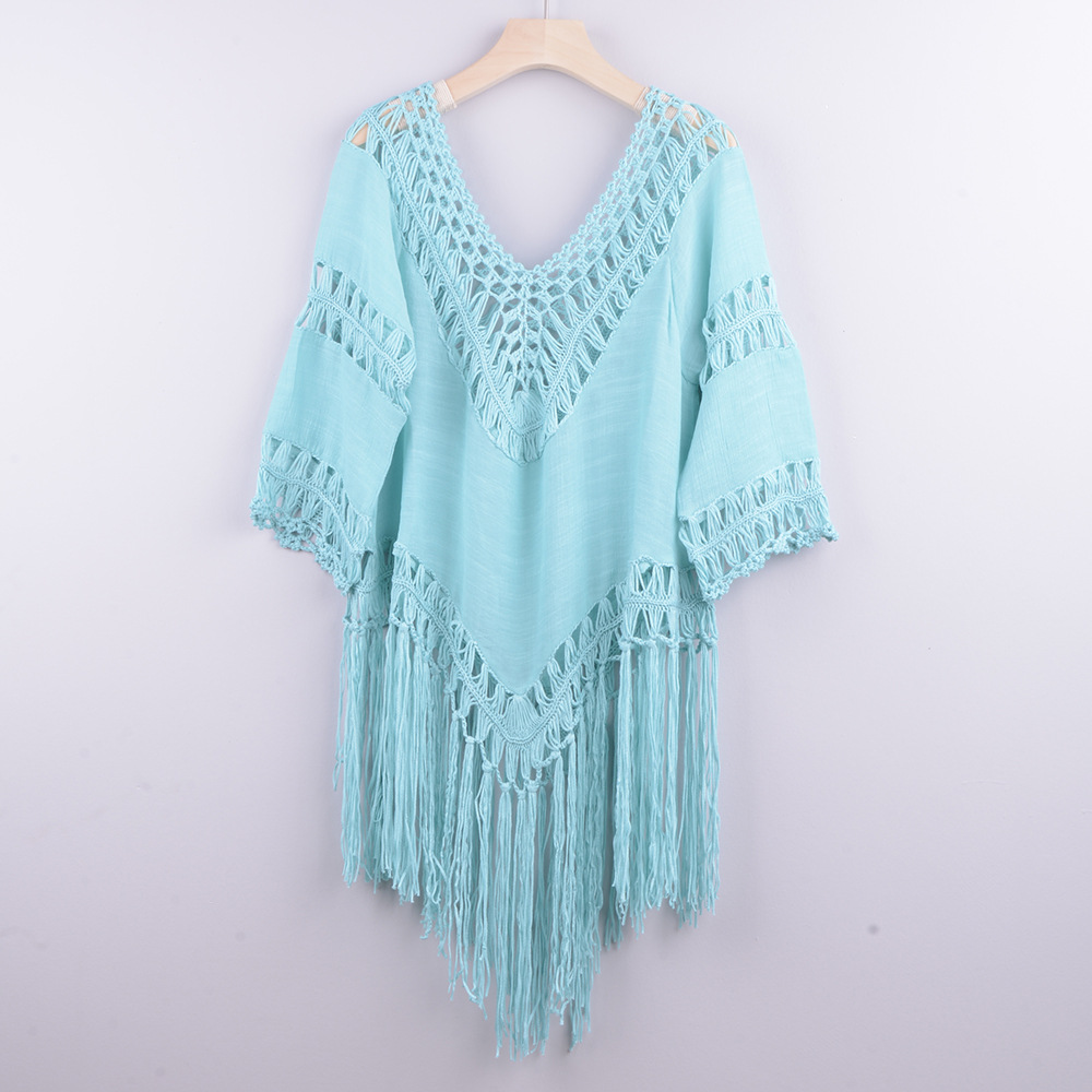 Women's Bohemian Crochet Beach Blouse - Handmade Patchwork Hollow Cover-Up with Fringe
