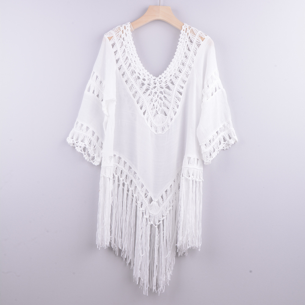Women's Bohemian Crochet Beach Blouse - Handmade Patchwork Hollow Cover-Up with Fringe