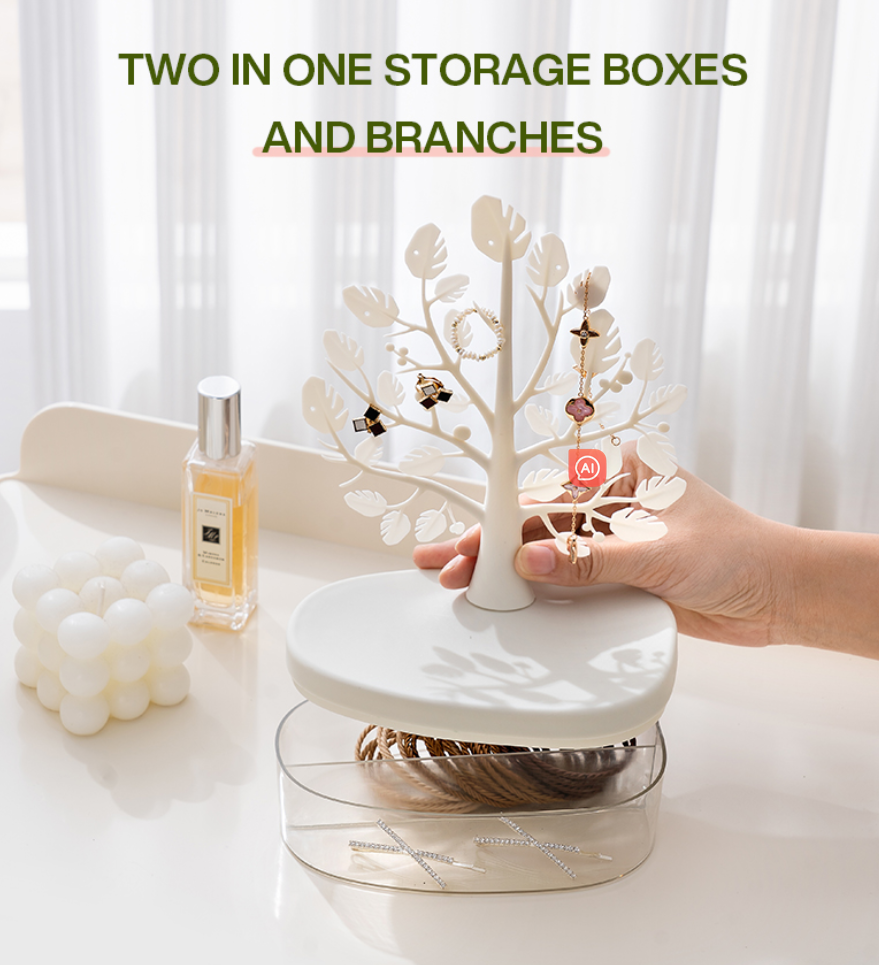 Creative Tree Jewelry Storage Box – Desktop Display Organizer for Rings, Earrings, Cosmetics  Dustproof Plastic Container with Multi-Compartment Design