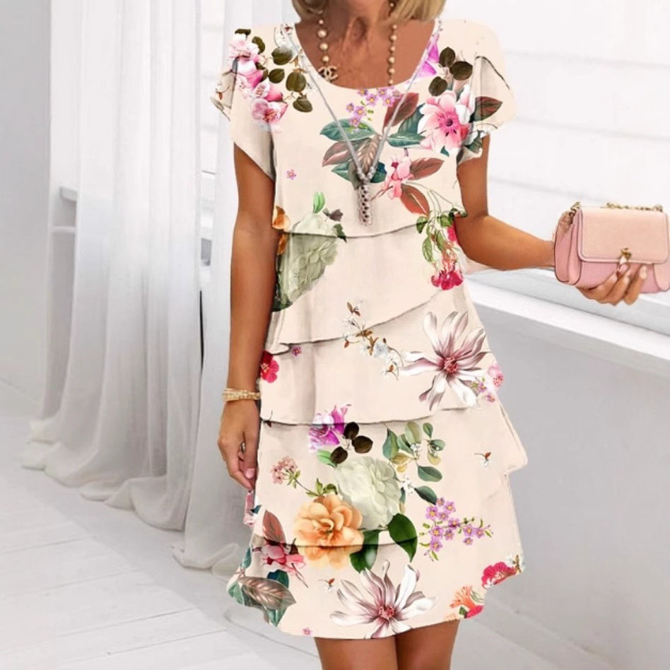 Women's Short Sleeve 3D Floral Cake Dress – Round Neck A-Line Mini Dress with Hyper-Realistic Print"