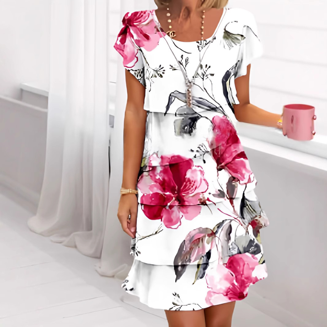 Women's Short Sleeve 3D Floral Cake Dress – Round Neck A-Line Mini Dress with Hyper-Realistic Print"