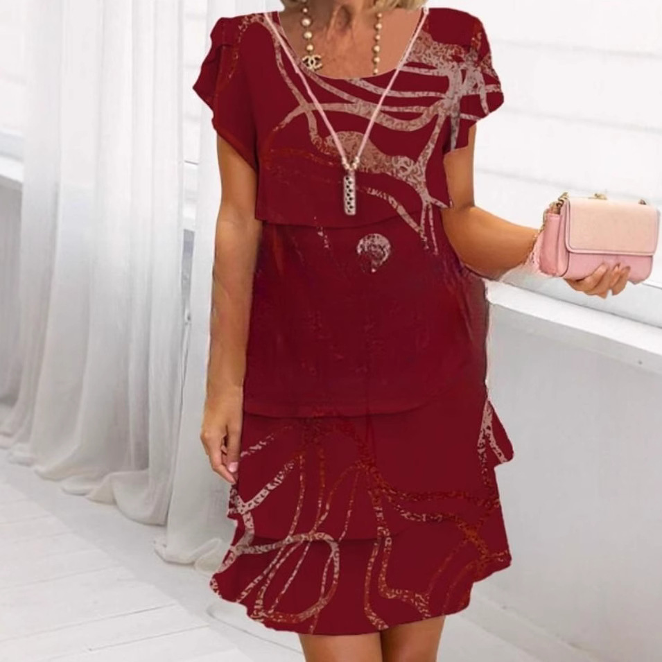 Women's Short Sleeve 3D Floral Cake Dress – Round Neck A-Line Mini Dress with Hyper-Realistic Print"