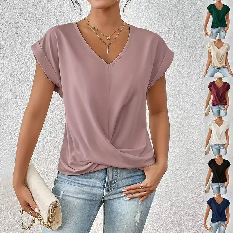Women's Solid Color V-Neck T-Shirt & Elegant Short Sleeve Jacket Set