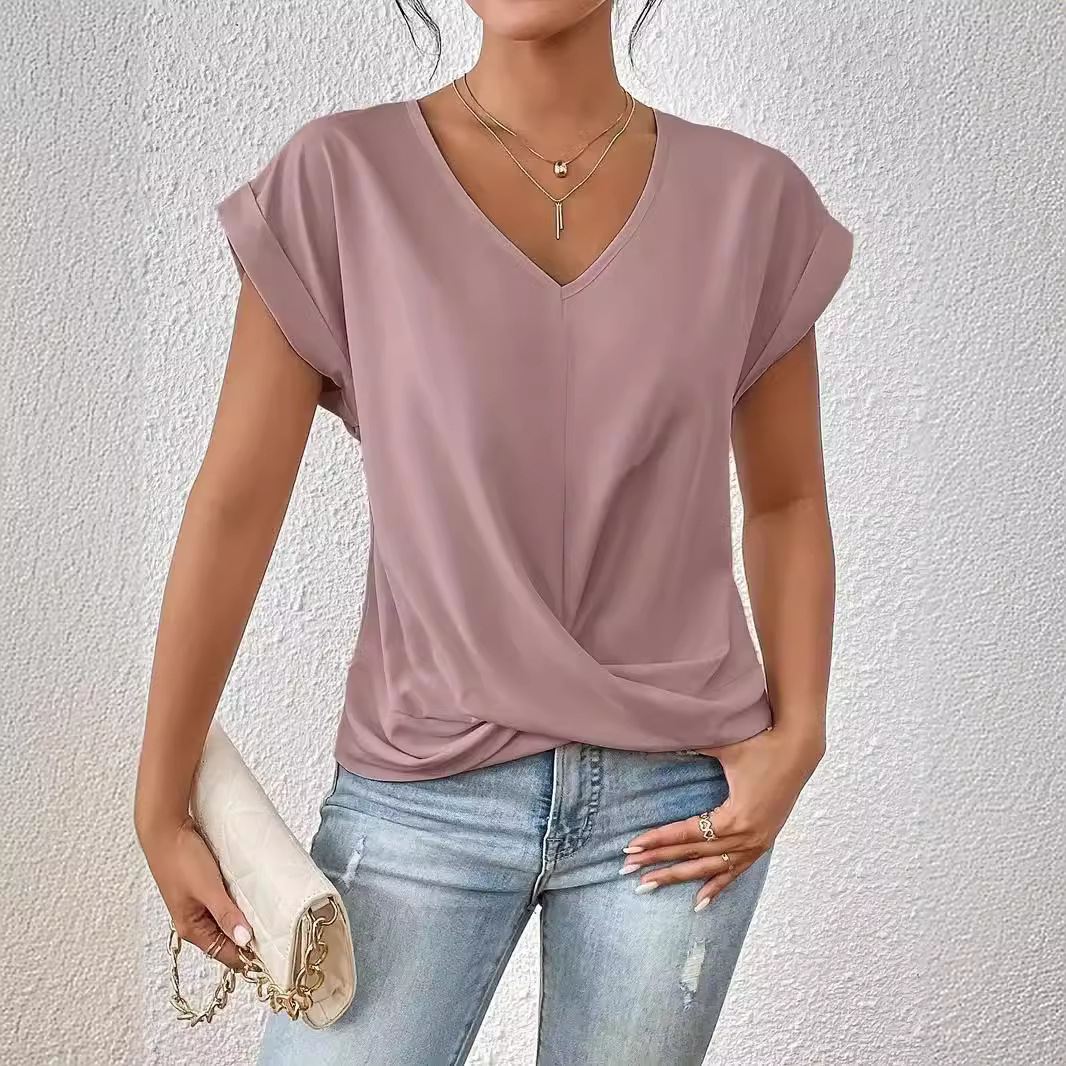 Women's Solid Color V-Neck T-Shirt & Elegant Short Sleeve Jacket Set