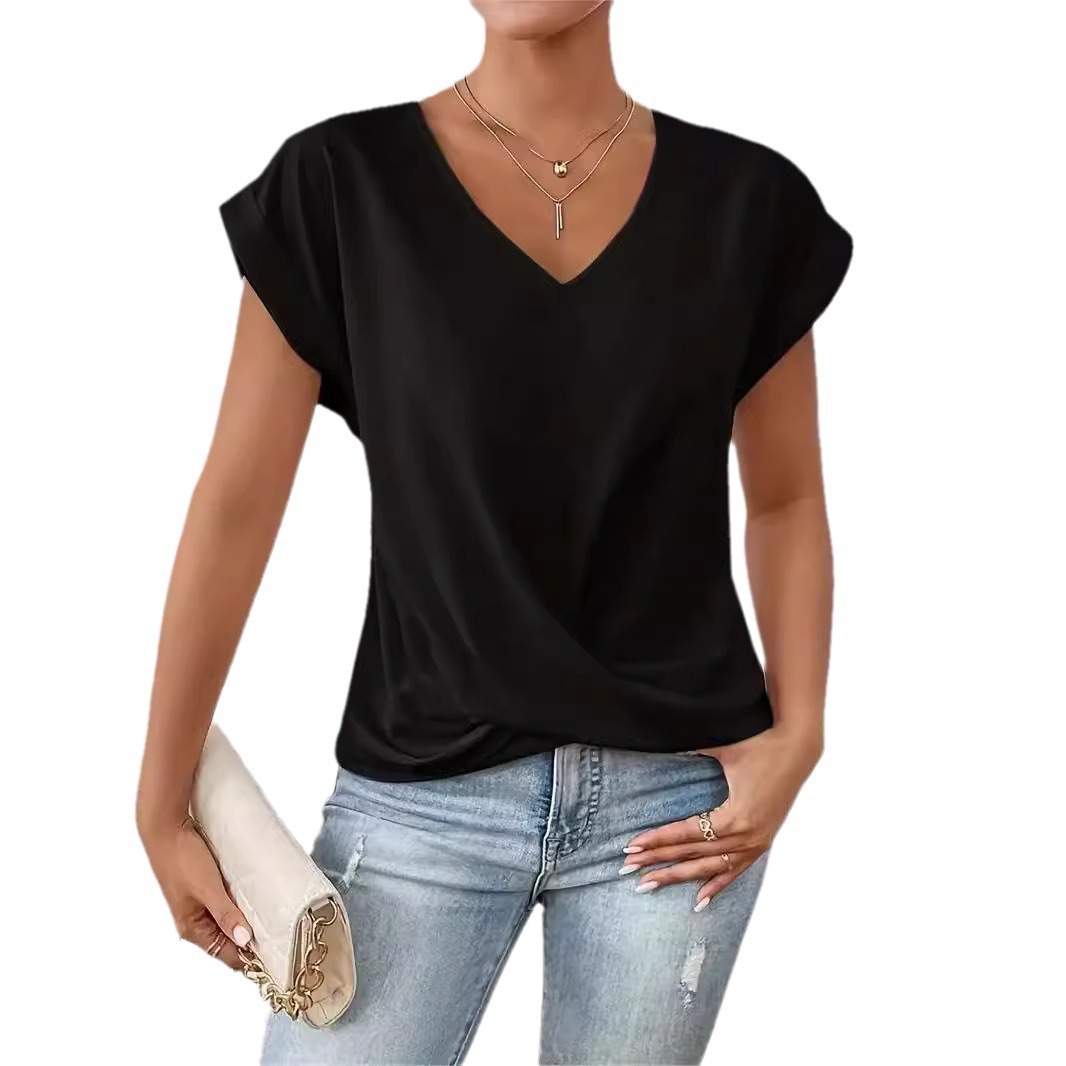 Women's Solid Color V-Neck T-Shirt & Elegant Short Sleeve Jacket Set