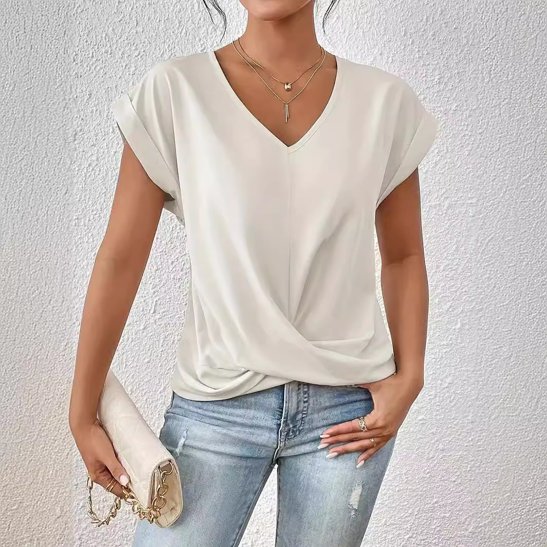 Women's Solid Color V-Neck T-Shirt & Elegant Short Sleeve Jacket Set