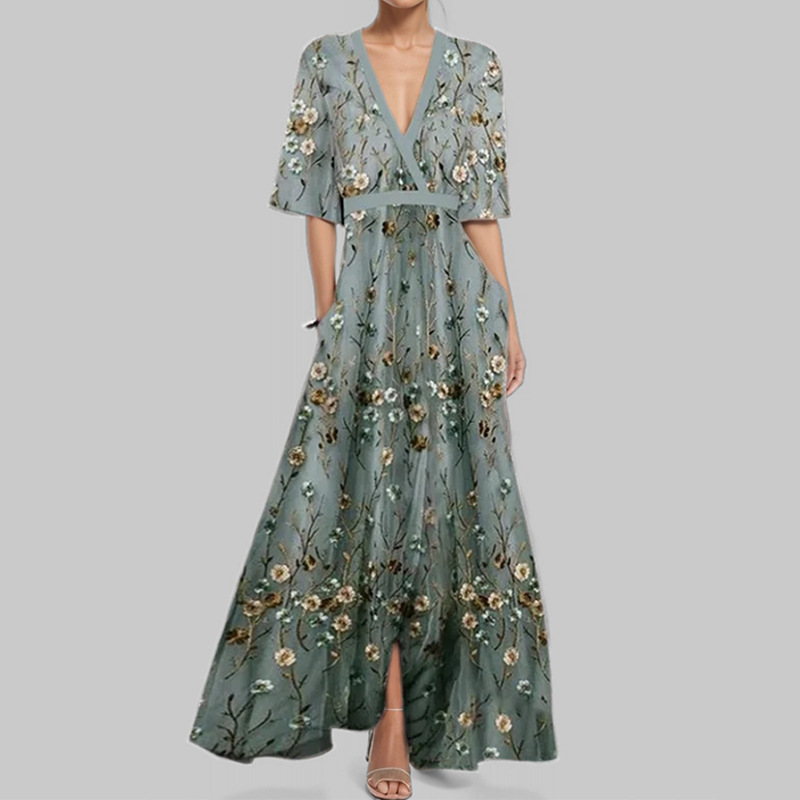 Women's Fashion Elegant Elegant V-Neck Printed Pleated Large Skirt Long Dress