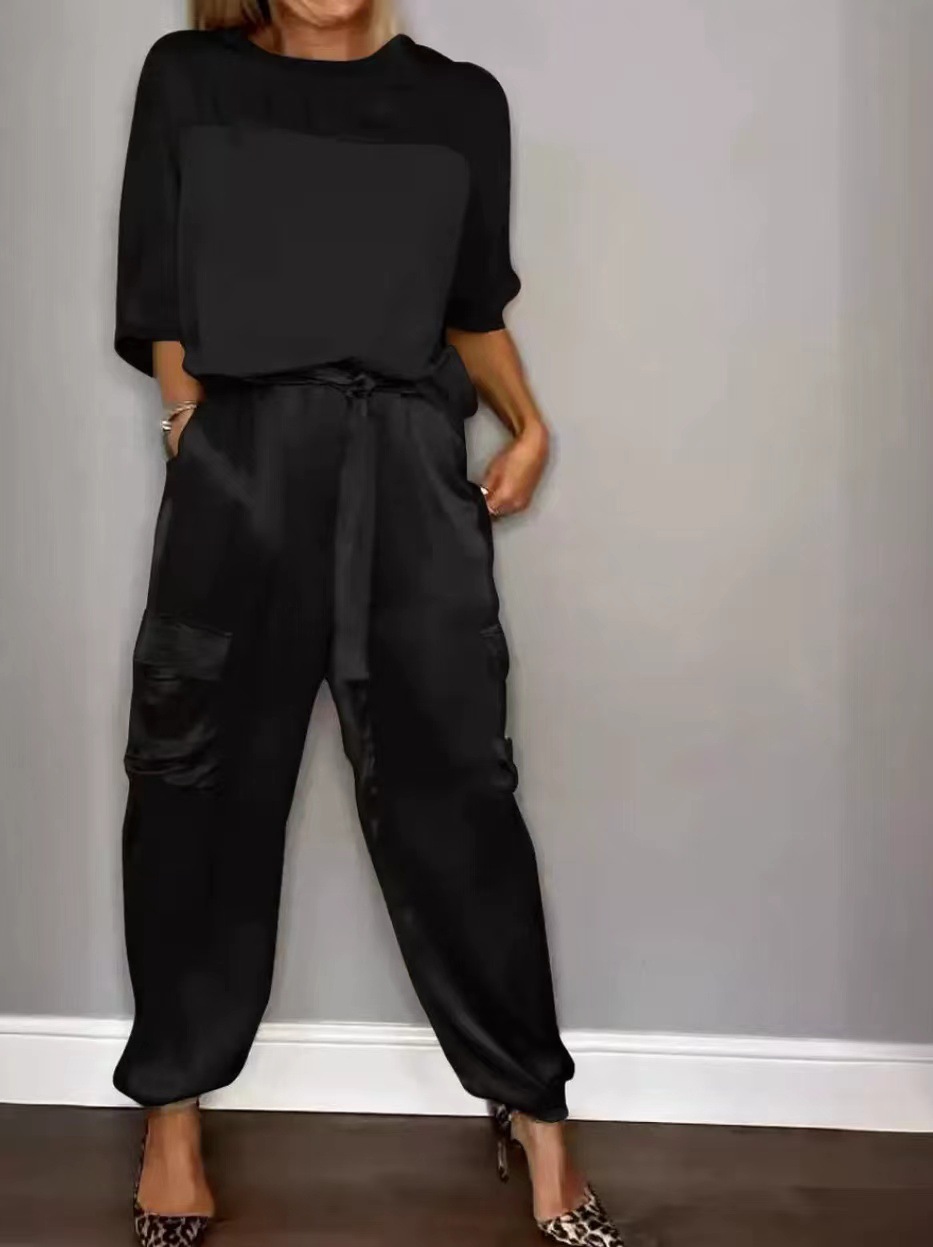 Ladies Smooth Satin Half Sleeve Top Pants Set Two-piece Set