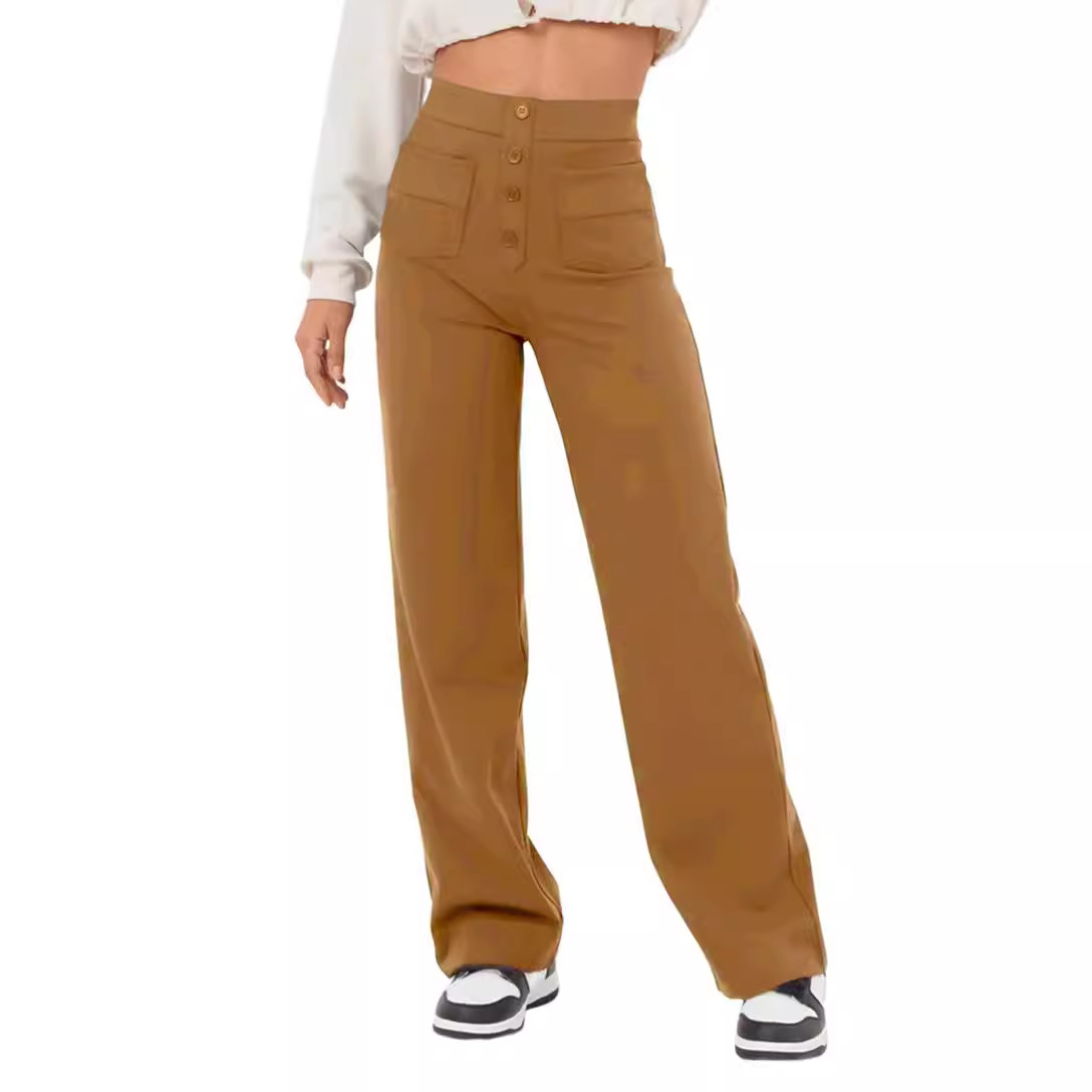 Fashion New Women's Casual Straight Pants High Waist Button Elastic With Multiple Pockets