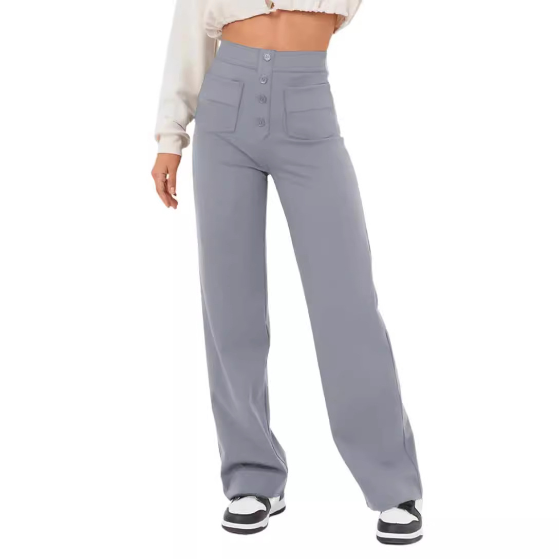 Fashion New Women's Casual Straight Pants High Waist Button Elastic With Multiple Pockets