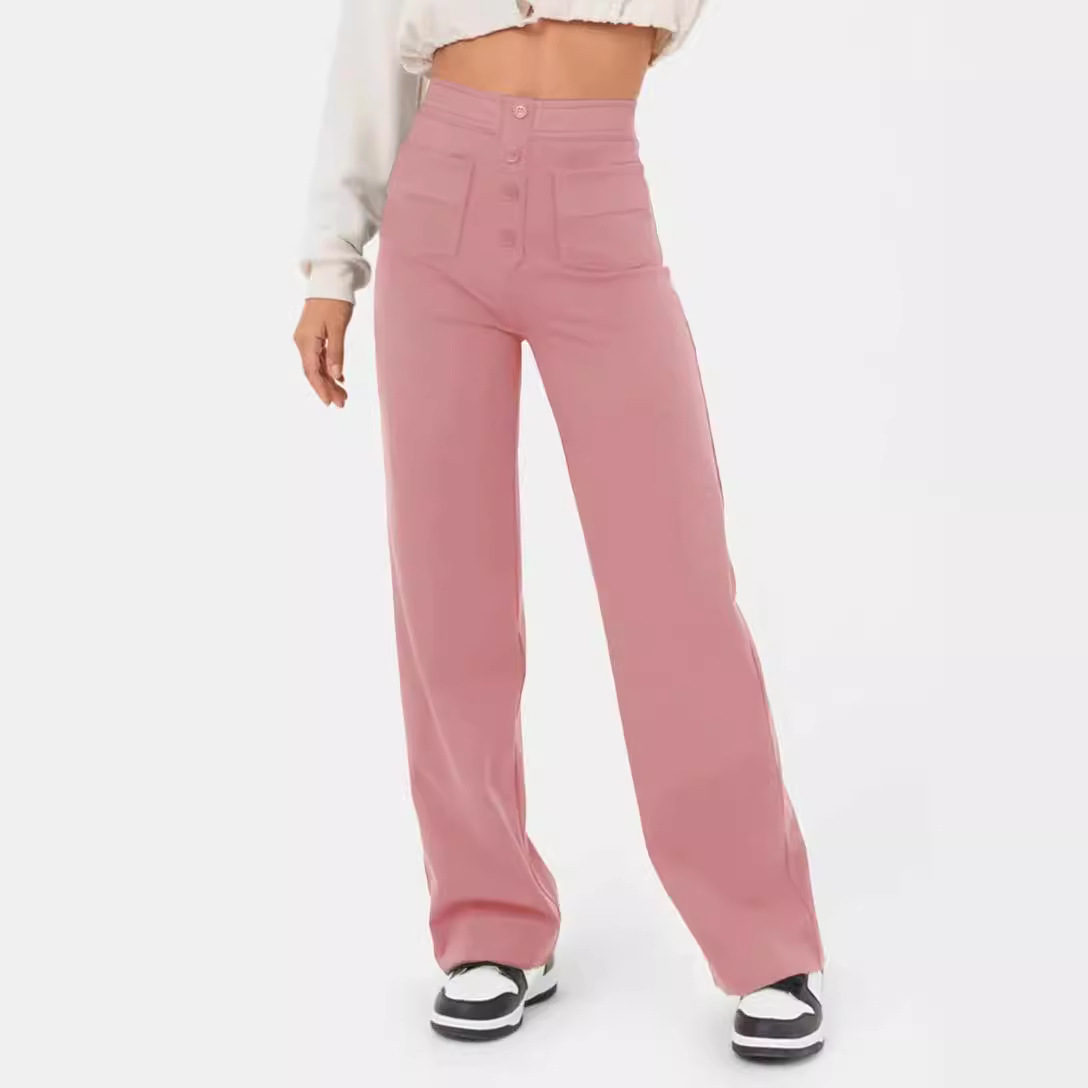 Fashion New Women's Casual Straight Pants High Waist Button Elastic With Multiple Pockets
