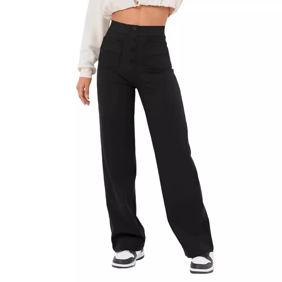 Fashion New Women's Casual Straight Pants High Waist Button Elastic With Multiple Pockets