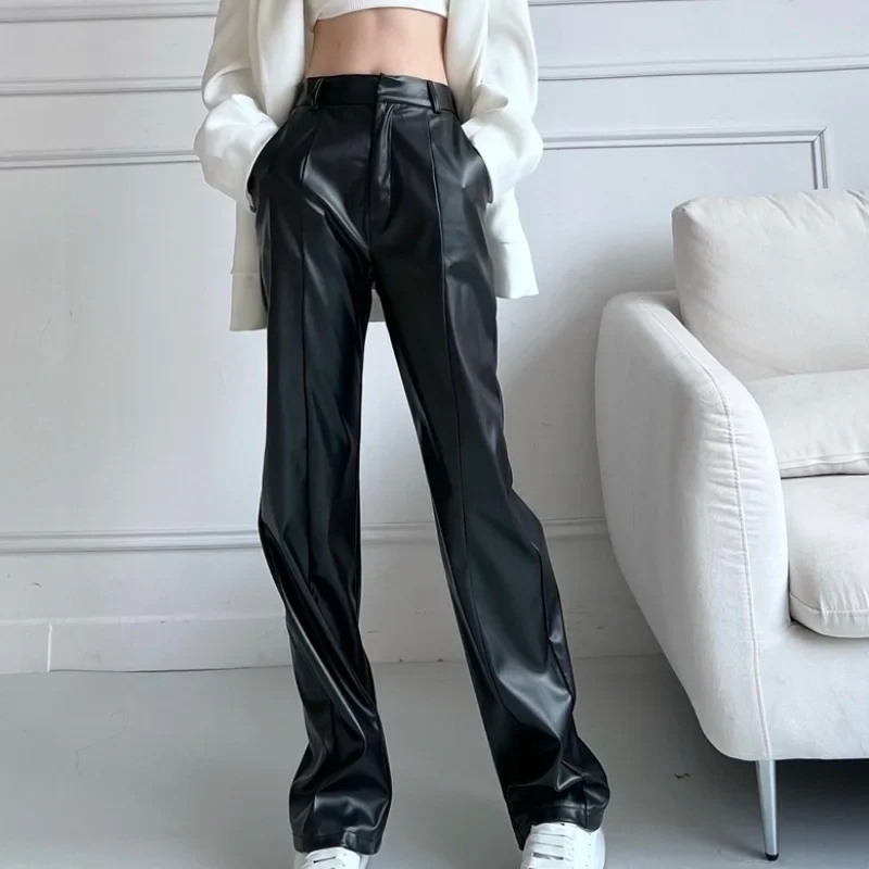 New Straight-leg Slimming Casual Leather Pants High-waist Loose-fit Bell Bottoms