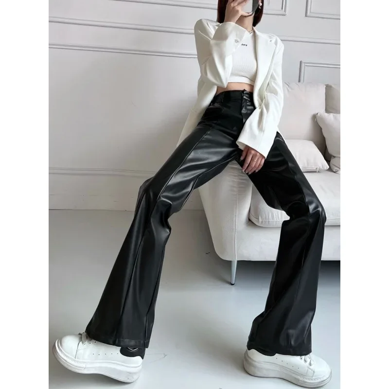 New Straight-leg Slimming Casual Leather Pants High-waist Loose-fit Bell Bottoms