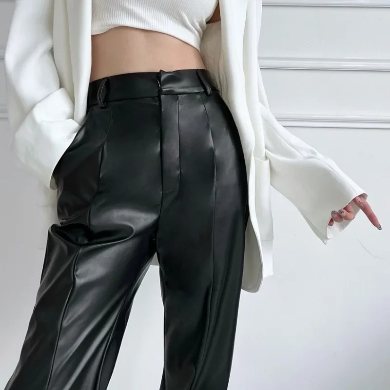 New Straight-leg Slimming Casual Leather Pants High-waist Loose-fit Bell Bottoms