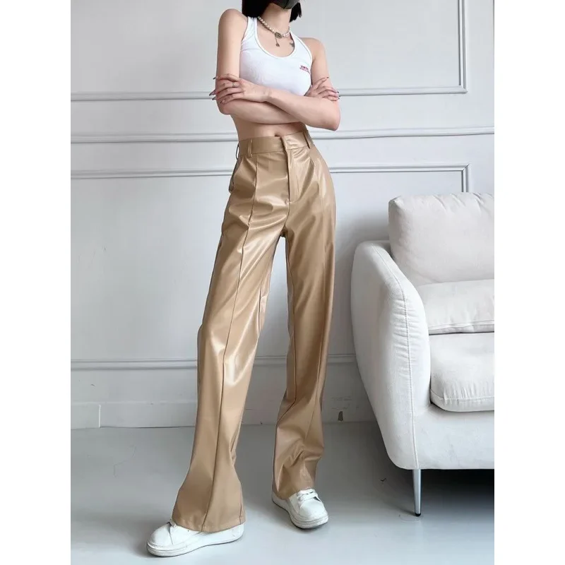 New Straight-leg Slimming Casual Leather Pants High-waist Loose-fit Bell Bottoms