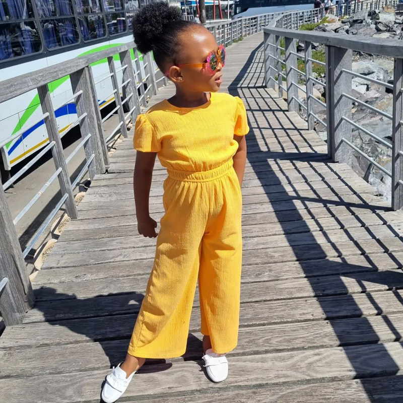 Girls Summer New Style Jumpsuit Puff Sleeve Short Sleeve Waist Wide Leg Pants Ins Style