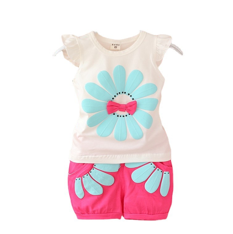 Children's Wear Summer Wear Girl's Summer Cartoon Flower Vest Set Baby Girl's Shorts Two-Piece Fashionable