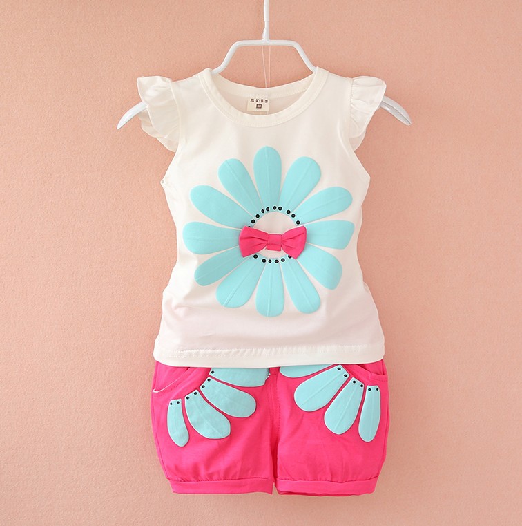 Children's Wear Summer Wear Girl's Summer Cartoon Flower Vest Set Baby Girl's Shorts Two-Piece Fashionable