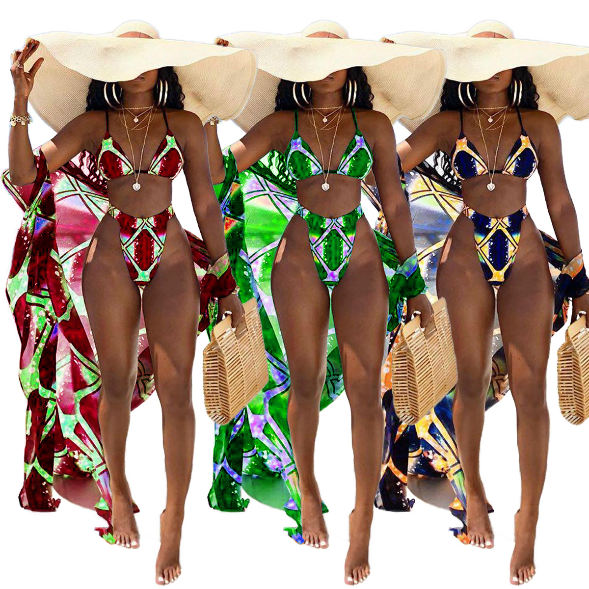 Swimwear Digital Printed Cardigan Long-sleeved Blouse Short-sleeved Split Swimsuit Women's Three-piece Set