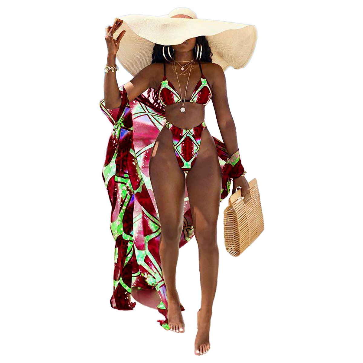 Swimwear Digital Printed Cardigan Long-sleeved Blouse Short-sleeved Split Swimsuit Women's Three-piece Set