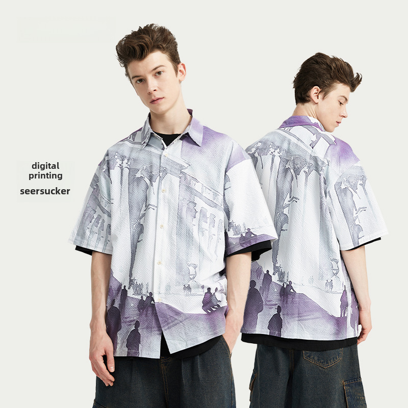 Subordinate Style Seersucker Shirt 2025 Spring And Summer New Street Fashion Brand Loose Men's Short Sleeve Lining
