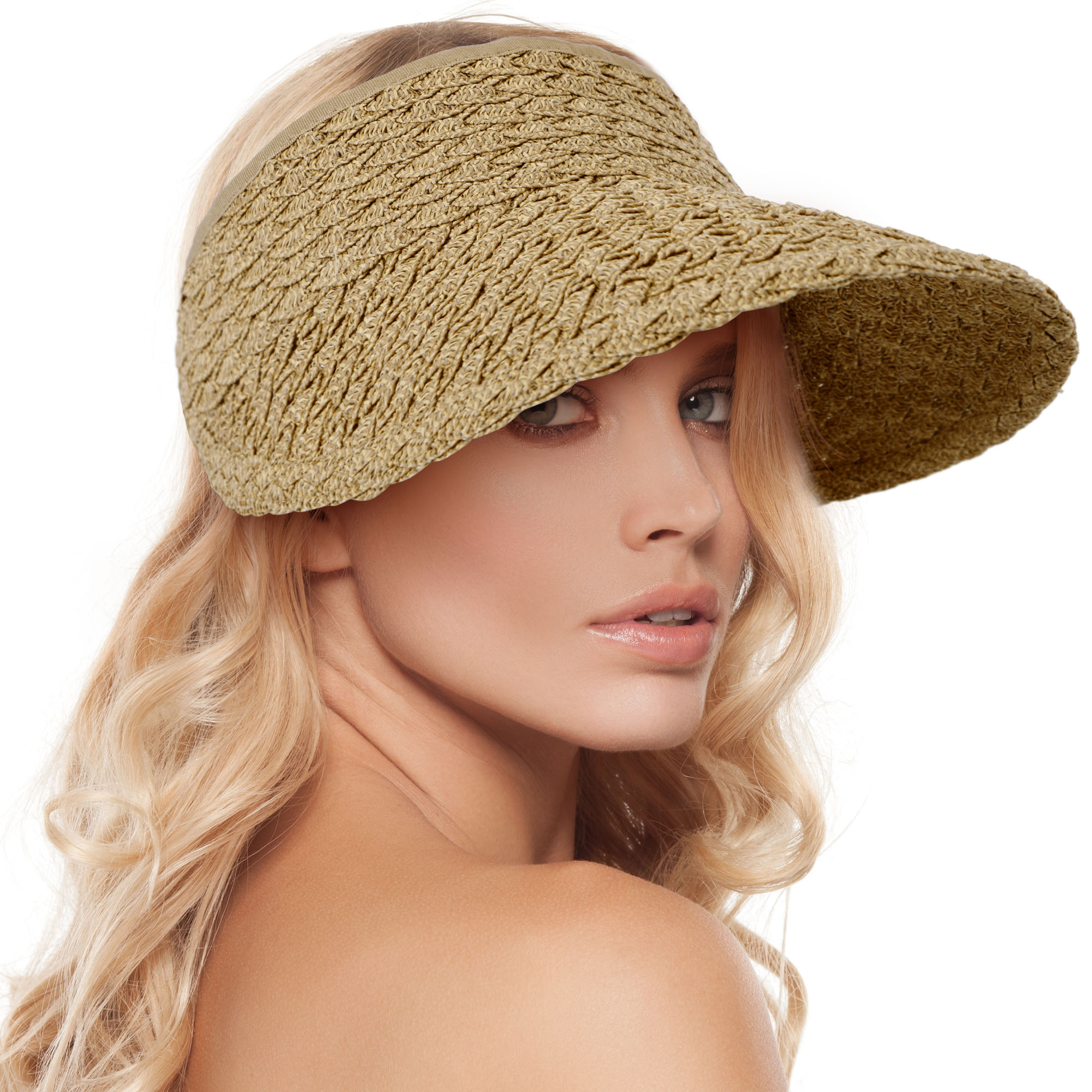Women's Wide Brim Sun Hats Roll-up Foldable Straw Golf Visor Hat