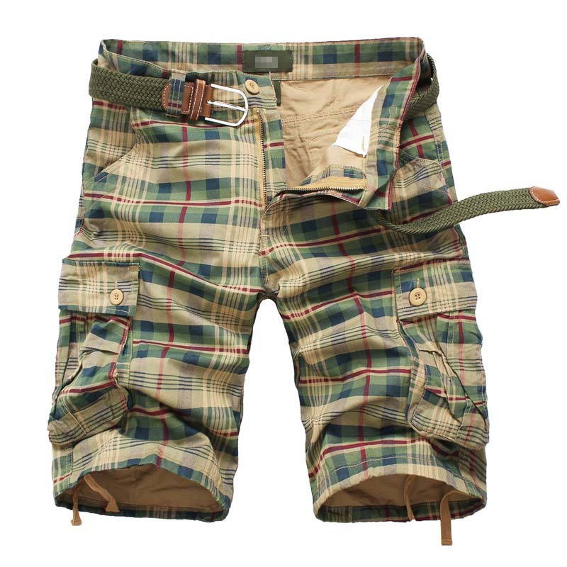 Men's Work Shorts Men's Sports Pants Five-point Multi-pocket Plaid Shorts Men's