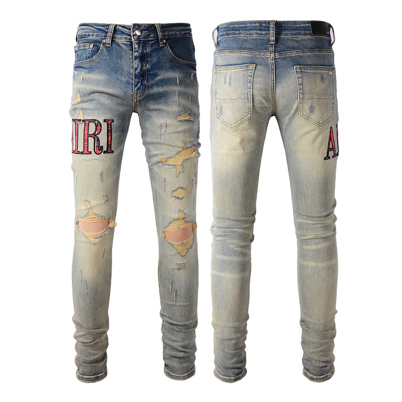 American Street Fashion Brand Pattern Embroidered Jeans Blue Stretch Skinny Jeans