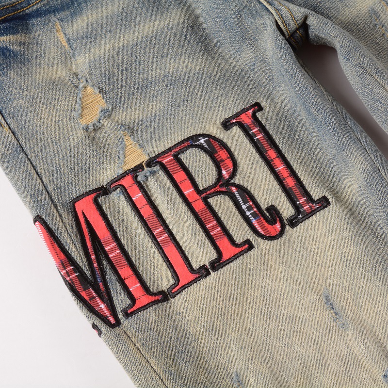 American Street Fashion Brand Pattern Embroidered Jeans Blue Stretch Skinny Jeans