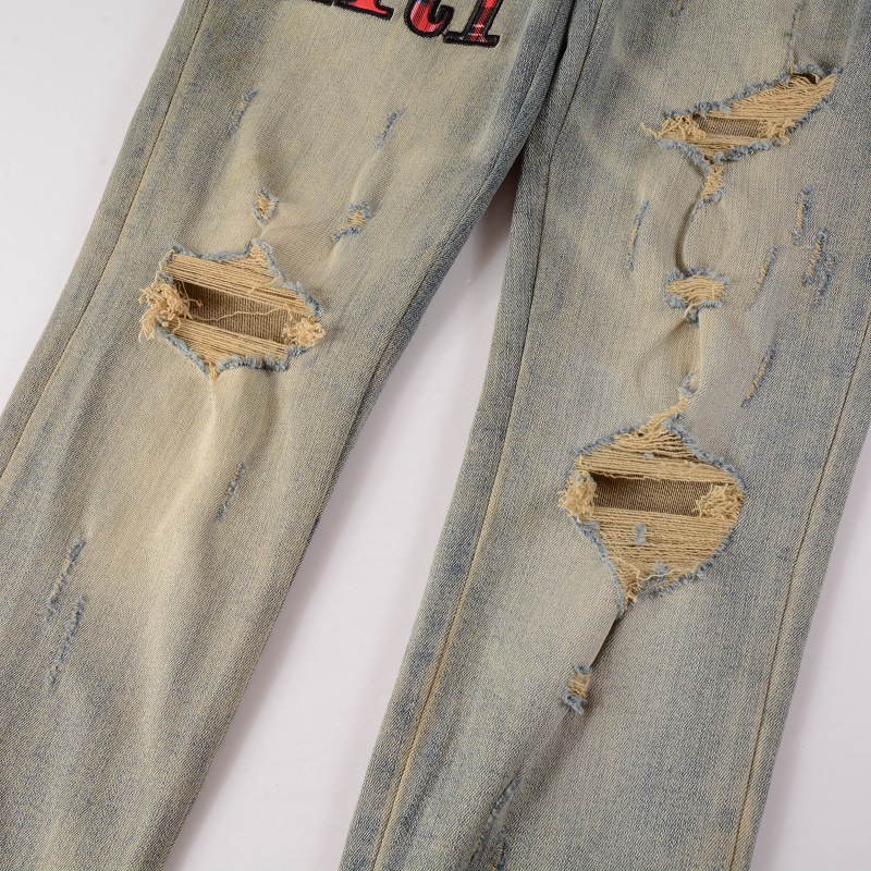 American Street Fashion Brand Pattern Embroidered Jeans Blue Stretch Skinny Jeans