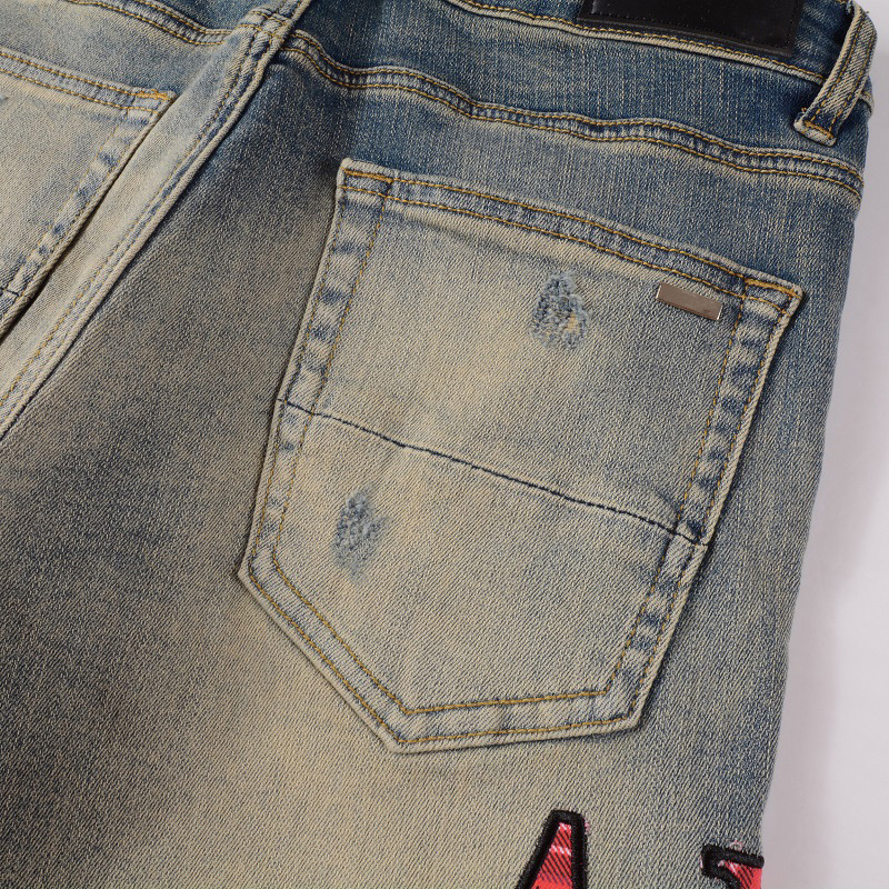 American Street Fashion Brand Pattern Embroidered Jeans Blue Stretch Skinny Jeans