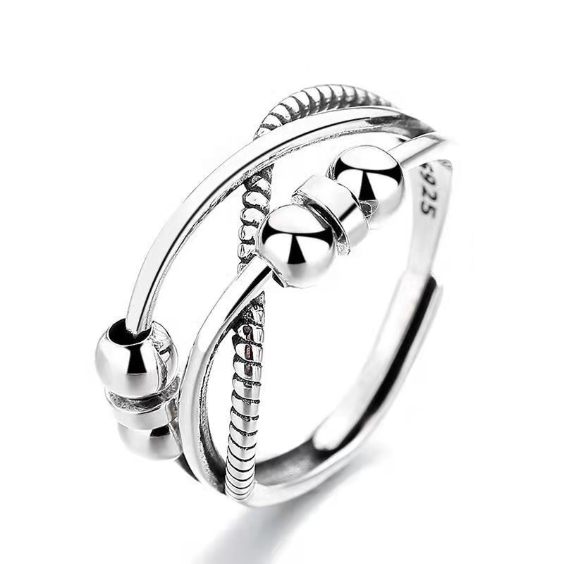 American Retro Old Thai Silver Anxiety Ring Three-Ring Smart Finger Ring Multi-Ring Rotating Bead Ring Jewelry For Women