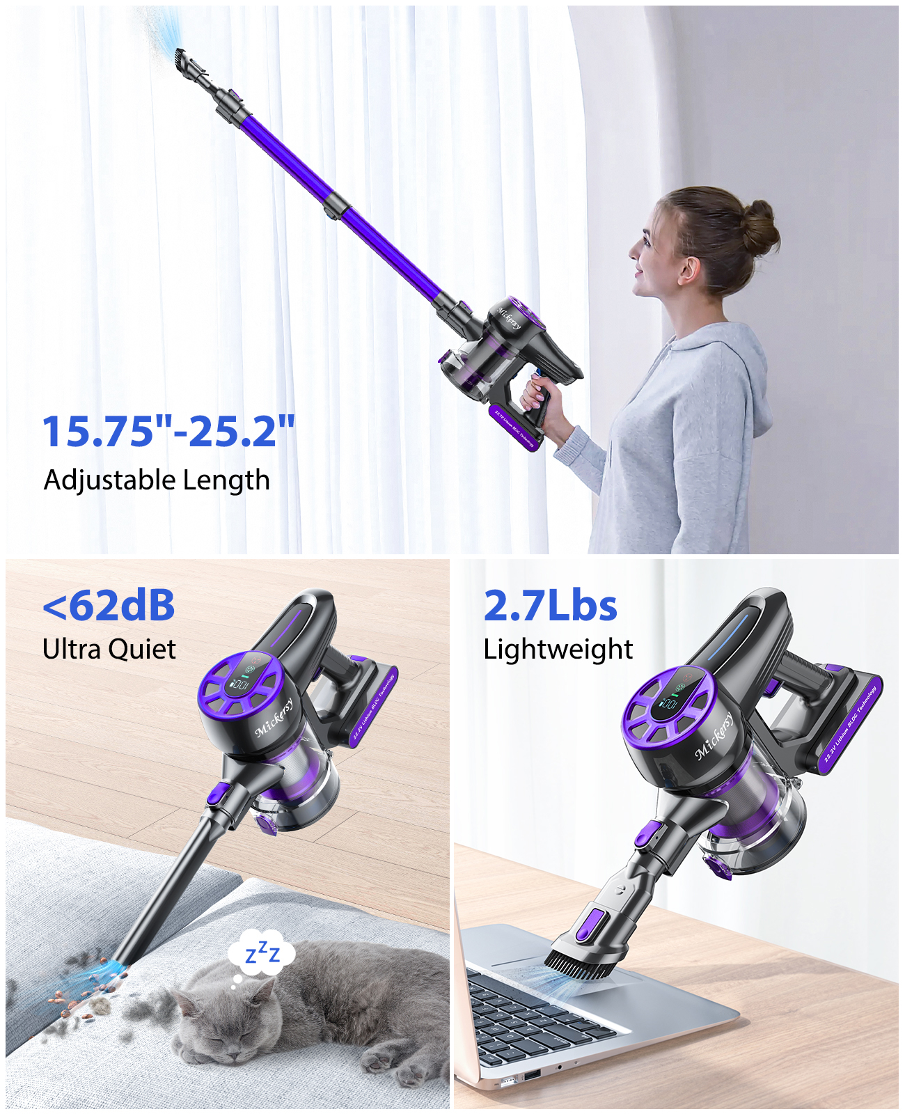 Cordless Vacuum Cleaner, Power Stick Vacuum 450W 36Kpa with Long Runtime Detachable Battery, Vacuum Cleaner with LED Display Lightweight &