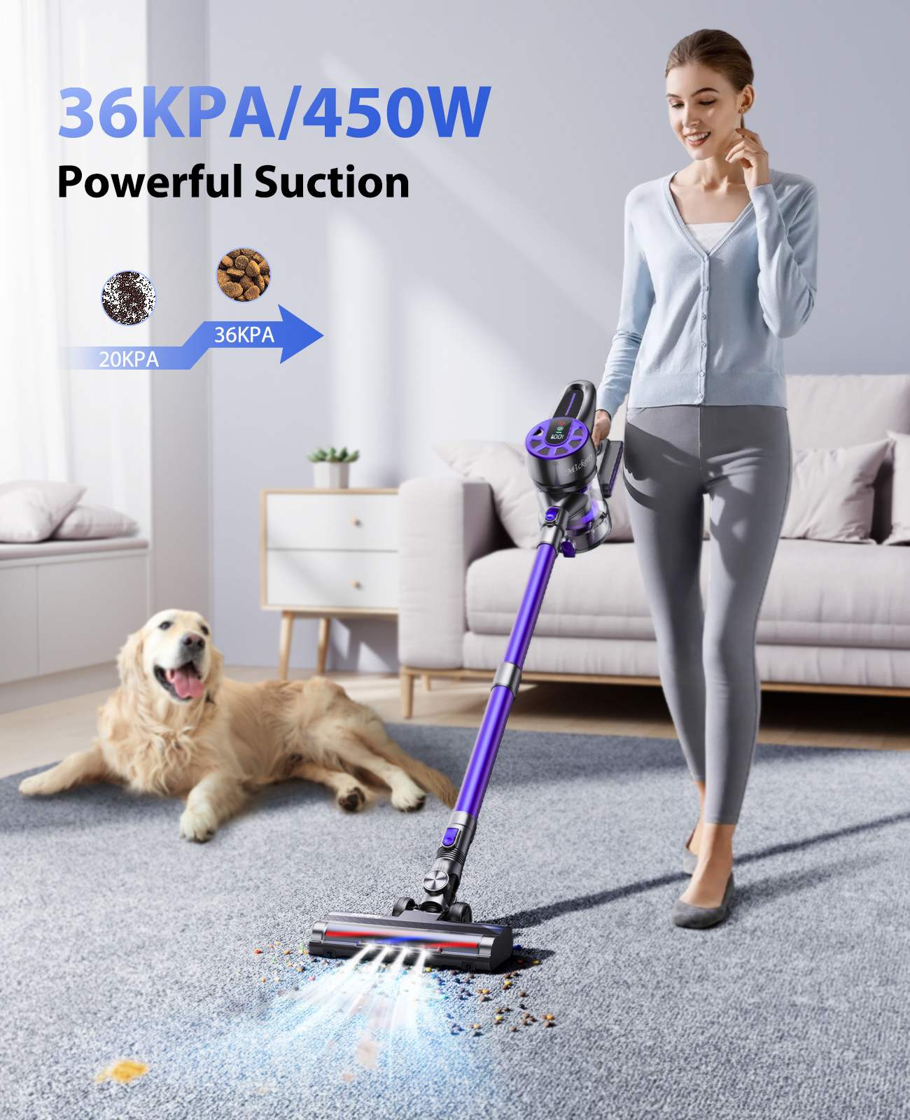 Cordless Vacuum Cleaner, Power Stick Vacuum 450W 36Kpa with Long Runtime Detachable Battery, Vacuum Cleaner with LED Display Lightweight &