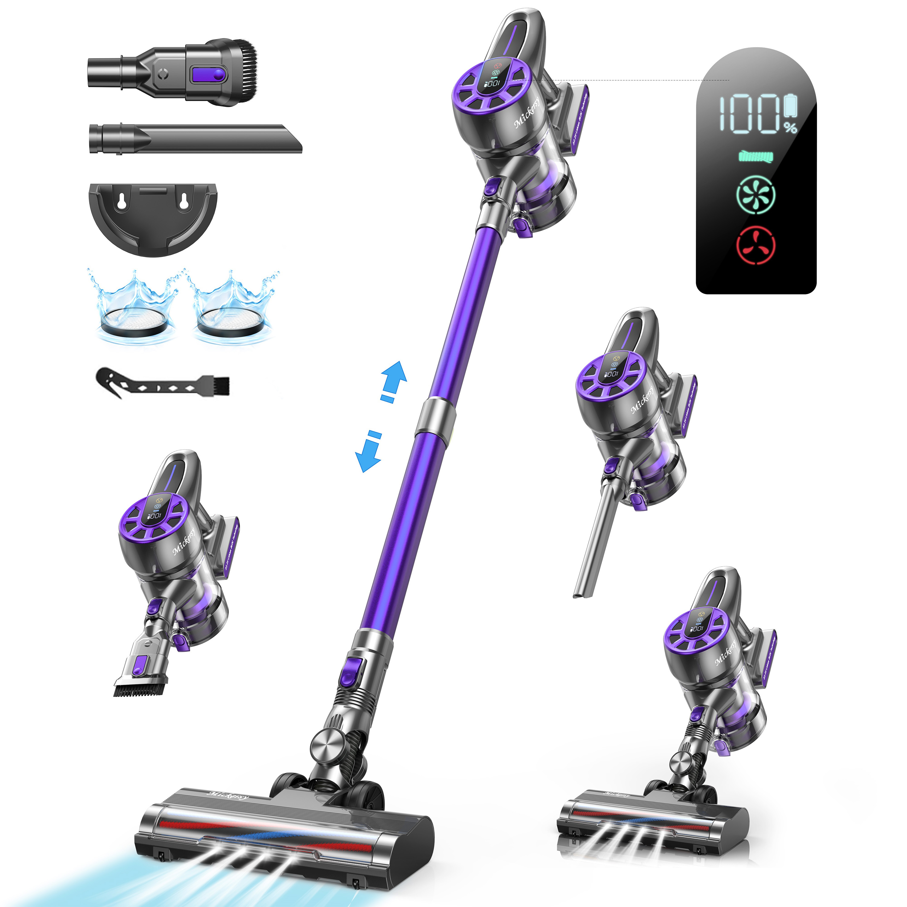 Cordless Vacuum Cleaner, Power Stick Vacuum 450W 36Kpa with Long Runtime Detachable Battery, Vacuum Cleaner with LED Display Lightweight &