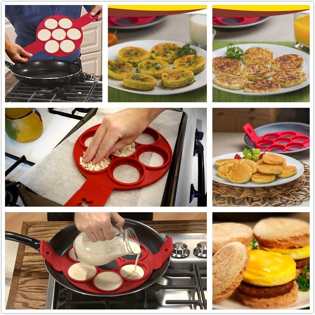 Pancake Maker Mold Egg Ring Maker Silicone Mold Fixator Mould Reusable Silicone Omelette Mold Baking Cooking Tool Pastry Omelets Easy DIY Flipper(Red)
