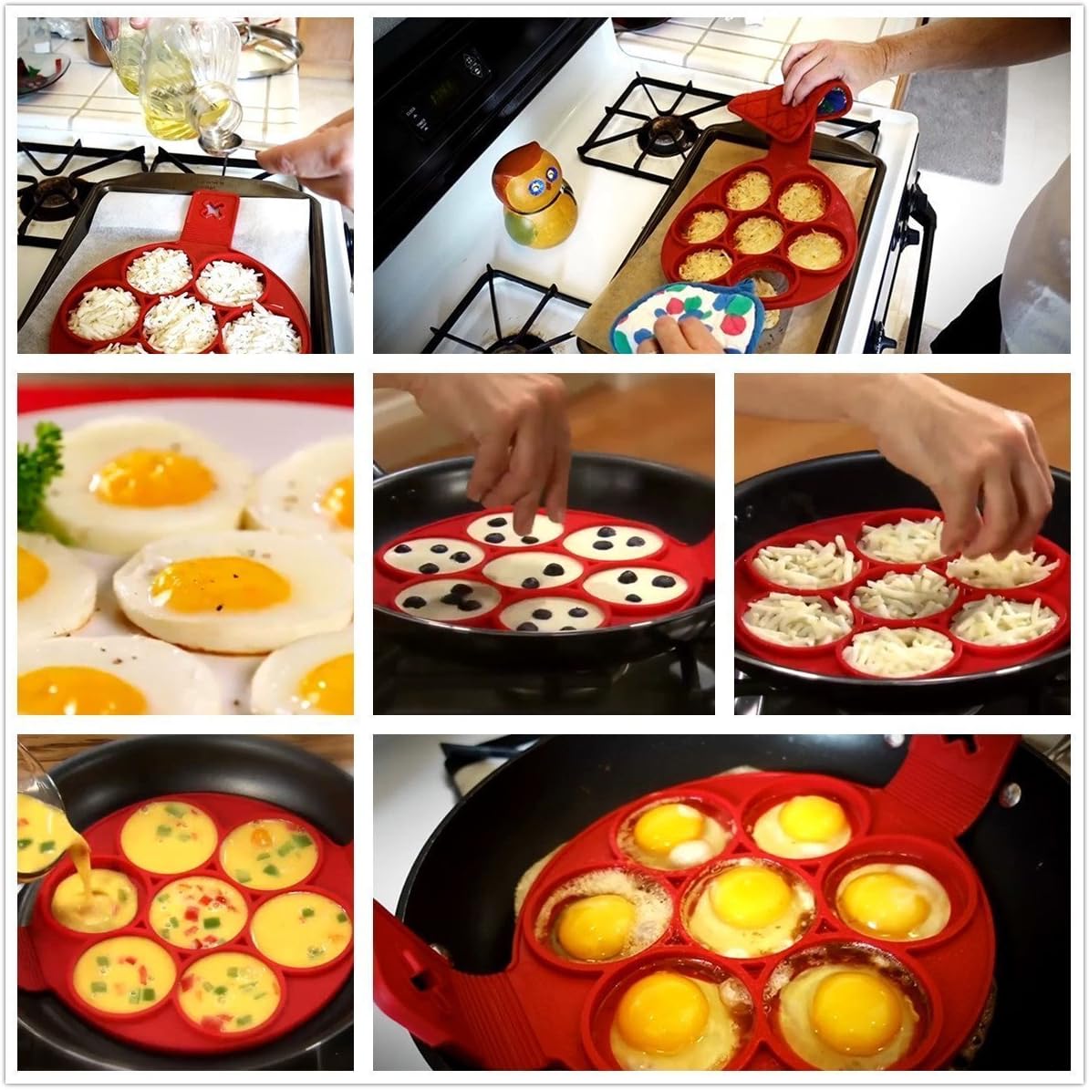 Pancake Maker Mold Egg Ring Maker Silicone Mold Fixator Mould Reusable Silicone Omelette Mold Baking Cooking Tool Pastry Omelets Easy DIY Flipper(Red)