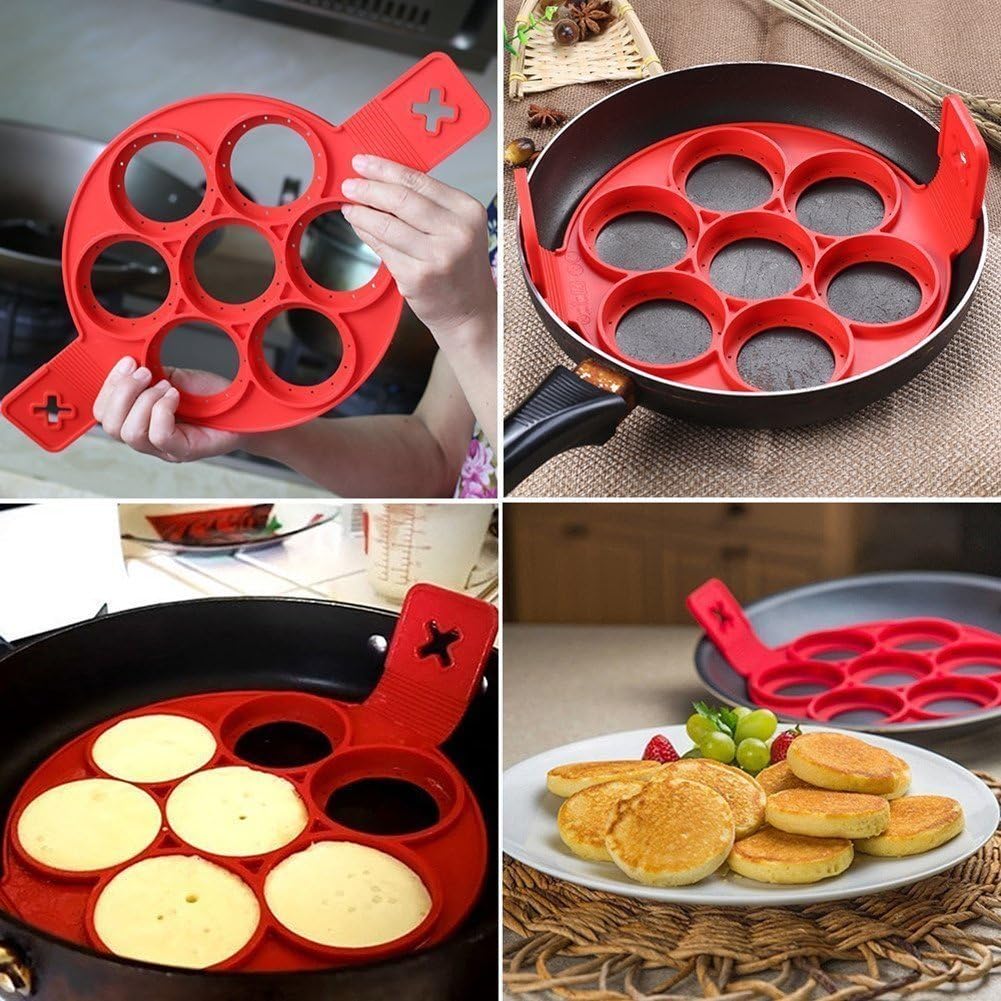 Pancake Maker Mold Egg Ring Maker Silicone Mold Fixator Mould Reusable Silicone Omelette Mold Baking Cooking Tool Pastry Omelets Easy DIY Flipper(Red)