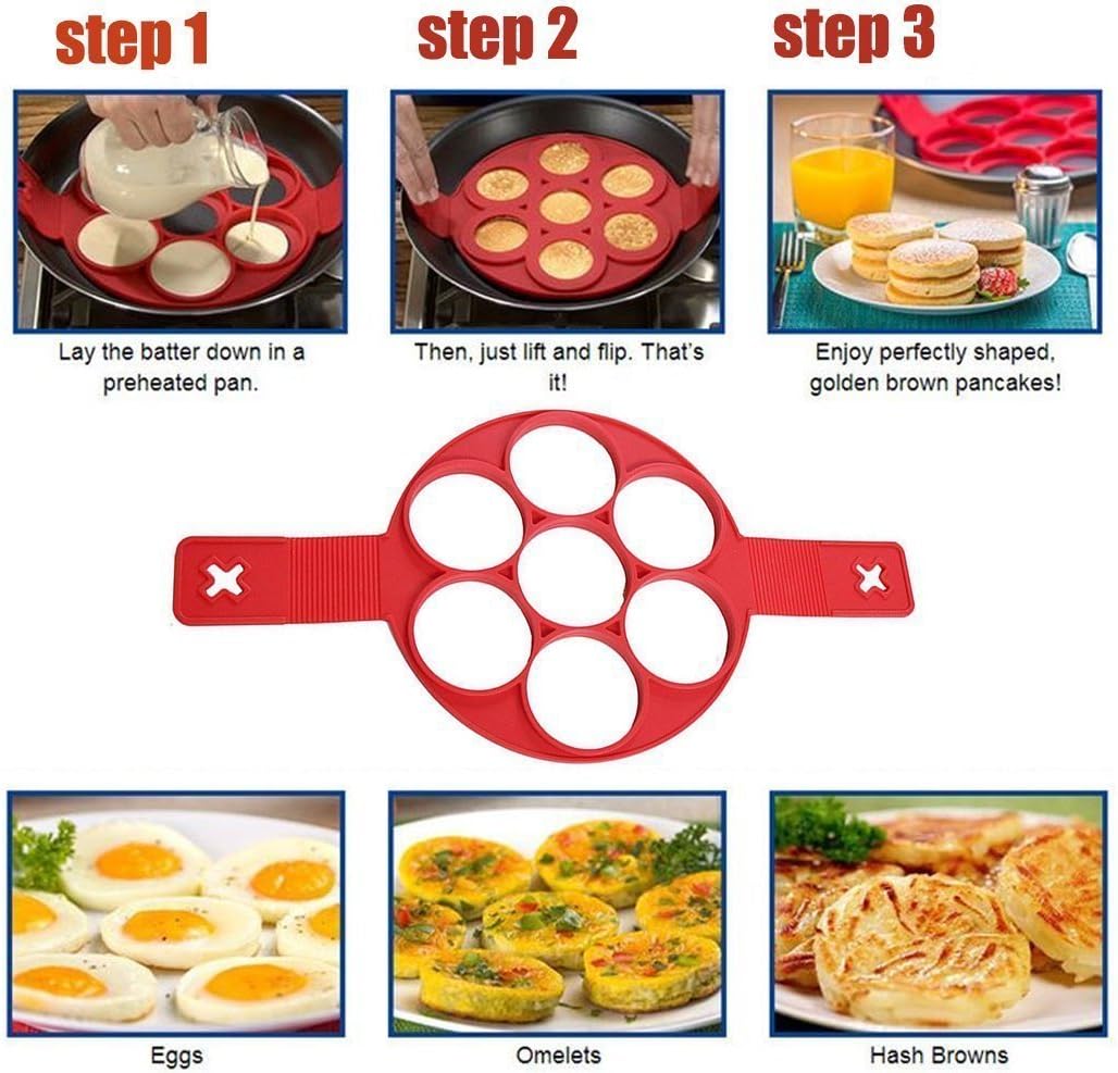 Pancake Maker Mold Egg Ring Maker Silicone Mold Fixator Mould Reusable Silicone Omelette Mold Baking Cooking Tool Pastry Omelets Easy DIY Flipper(Red)
