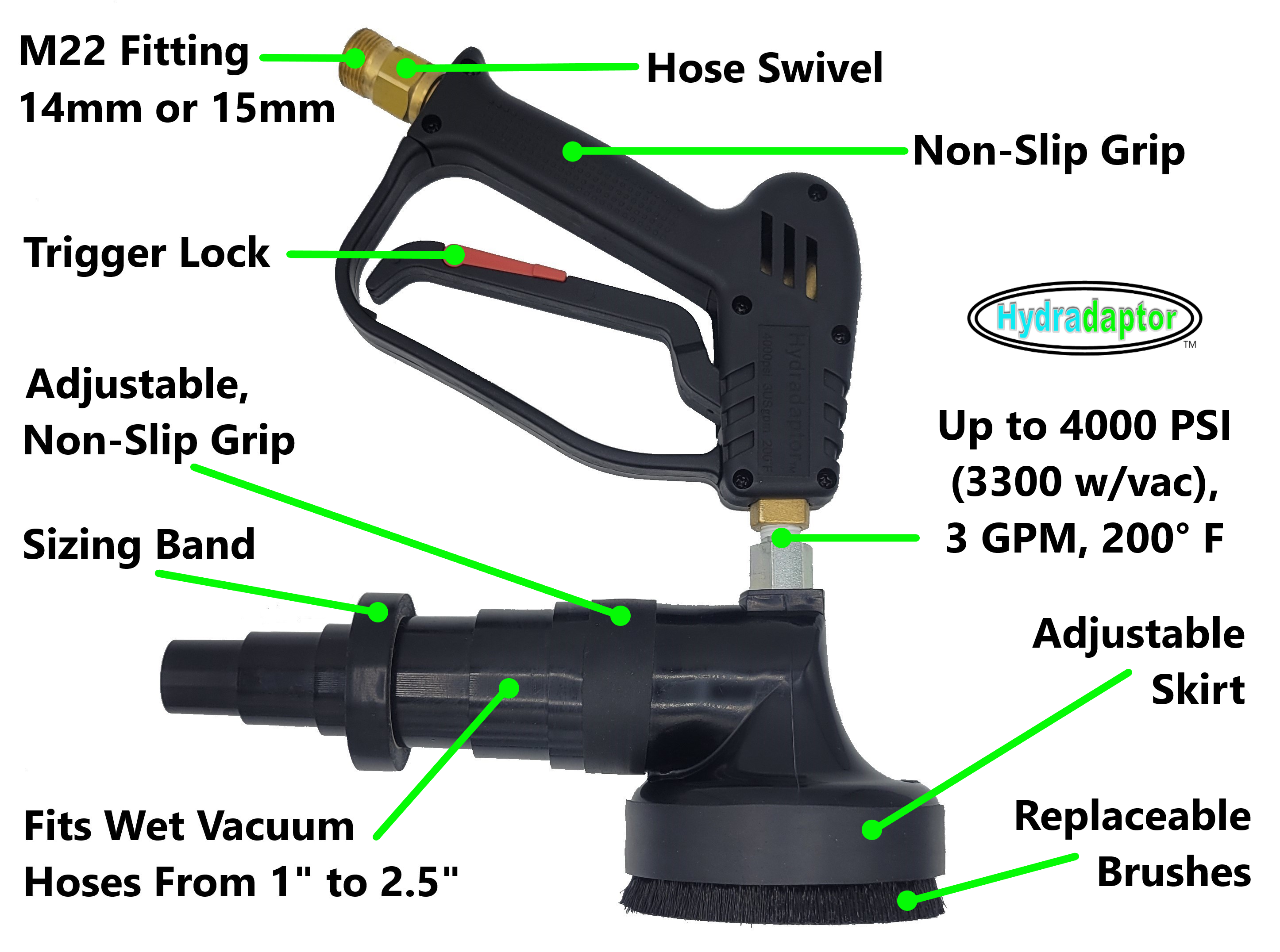 Pressure Washer Tool | Wet Vacuum Accessory | 3300 PSI, 3 GPM | 1.0" to 2.5" Hose Cuff | Water Moccasin