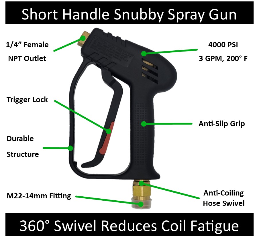 Short Pressure Washer Spray Gun | Swivel |1/4" Female NPT Outlet | M22-14mm Inlet | 4000 PSI, 3GPM, 200 Degrees F. | Black