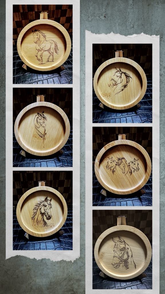 Handcrafted Wooden Plates with Horse Engravings